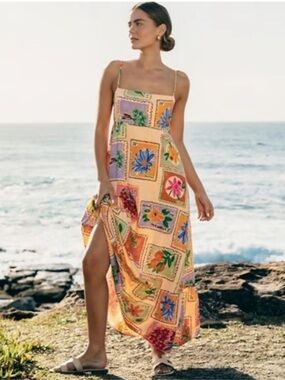 Anthropologie Paper Heart Floral Stamp Summer Sundress Midi Dress Pockets XS